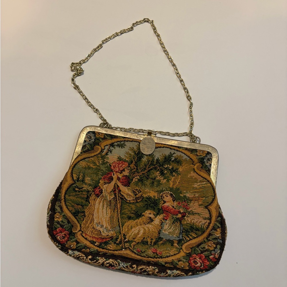 Vintage Tapestry Clutch with Chain Strap